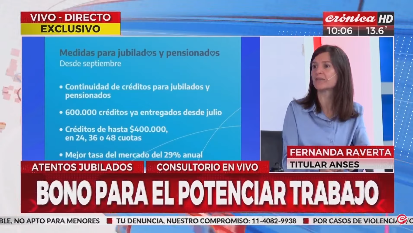 La titular de ANSES, Fernanda Raverta, responde las consultas de beneficiarios desde los estudios de Crónica HD.