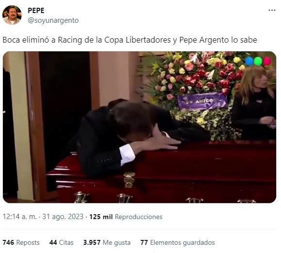 La publicación viral de la reacción de Pepe Argento a la eliminación de Racing (Twitter/@soyunargento).