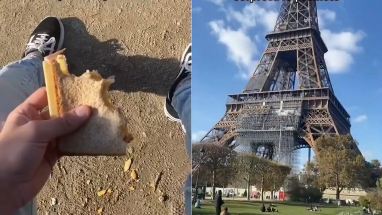 Disfrutaba de un sándwich en la torre Eiffel cuando le pasó algo terrorífico y lo mostró en TikTok.