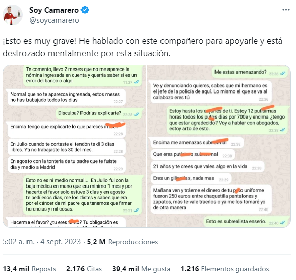 La publicación que muestra el maltrato de un jefe que se volvió viral (Twitter/@soycamarero).