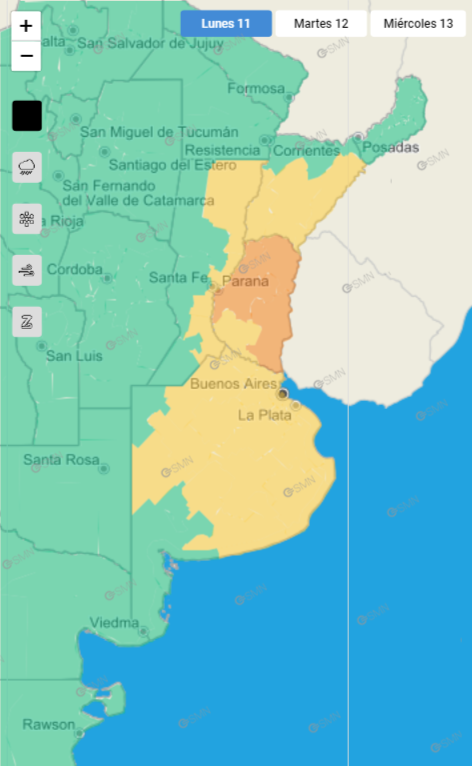 La alerta amarilla por lluvias y tormentas de mayor y menos intensidad abarca a varias provincias (Fuente: Servicio Meteorológico Nacional).