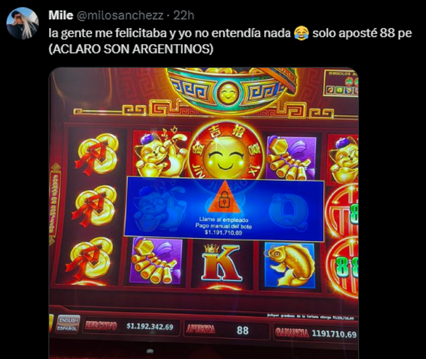 La foto que comprueba el monto ganado por la mujer en el casino.