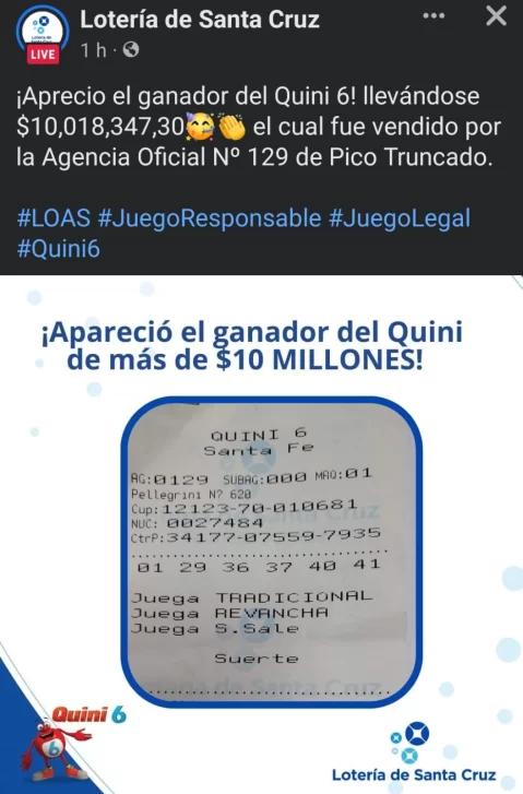 Apareció el ganador del sorteo del   <a href='https://www.cronica.com.ar/tags/Quini 6'>Quini 6</a> que era buscado para recibir su premio (Facebook/  <a href='https://www.cronica.com.ar/tags/Lotería de Santa Fe'>Lotería de Santa Fe</a>).