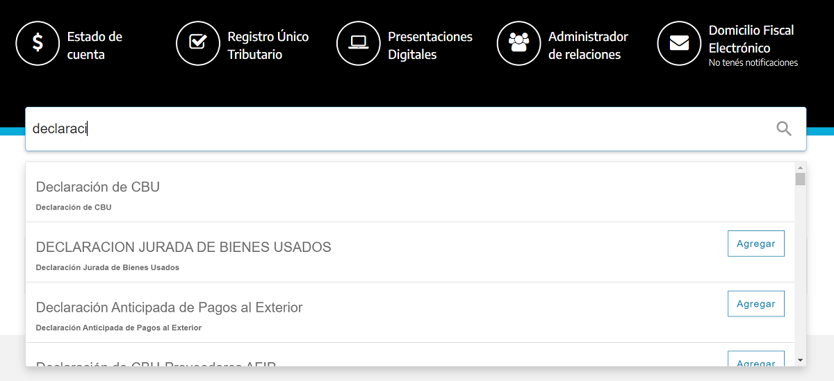 Se debe pulsar en 'Declaración de CBU' para registrarlo en la AFIP.