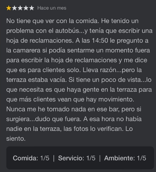 Reseña contra un restaurante que desató la polémica (Twitter/@soycamarero).