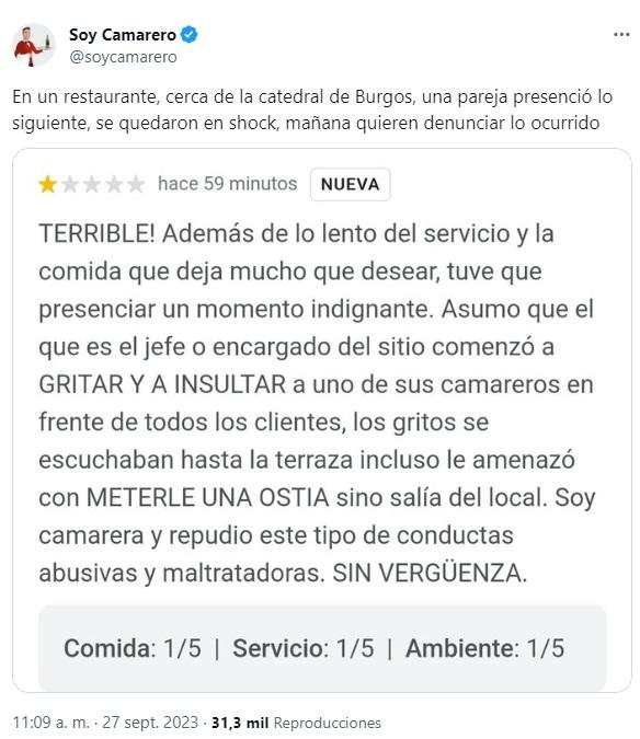 La furiosa reseña que desató la indignación de todos en las redes sociales (Twitter/@soycamarero).