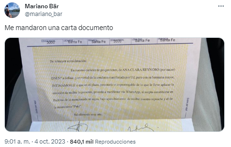 La carta documento insólita que emocionó a todos (Twitter/@mariano_bar).