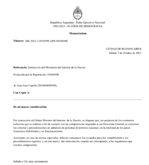 Comunicado de   <a href='https://www.cronica.com.ar/tags/Migraciones'>Migraciones</a> sobre los controles en medio del conflicto en la   <a href='https://www.cronica.com.ar/tags/Franja de Gaza'>Franja de Gaza</a> (Twitter/@florcarignanook).