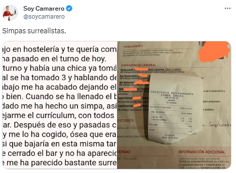 Mujer fue un restaurante a pedir trabajo, se tomó tres cervezas, se fue sin pagar y cometió un error insólito (Twitter/@soycamarero).