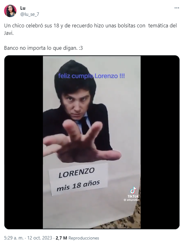 Una usuaria compartio en la red social X el video de un fanático de Milei que celebró su cumpleaños con bolsitas de regalo con la imagen del candidato ultraliberal.