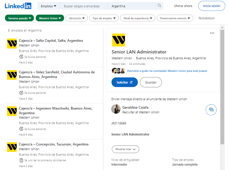 Las ofertas de empleo de Western Union para Argentina en LinkedIn.