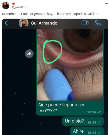 Pensó que tenía un piojo en el ojo, le preguntó a un amigo que era y la respuesta la dejó sin palabras (Twitter/@_mariflorrr).