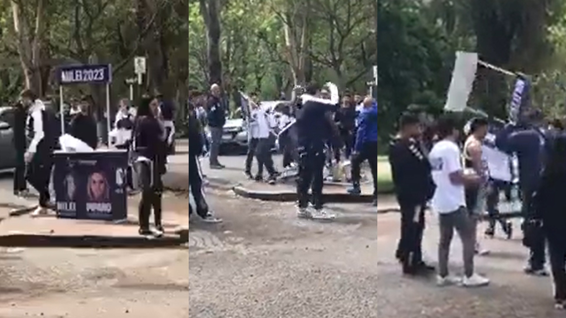 Así destrozaban el puesto de La Libertad Avanza los hinchas de Gimnasia (captura de video).