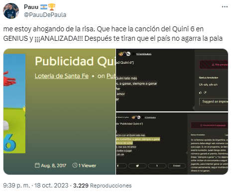 Un internauta analizó la letra de una publicidad del   <a href='https://www.cronica.com.ar/tags/Quini 6'>Quini 6</a> y sorprendió a todos (Twitter/@PauuDePaula).