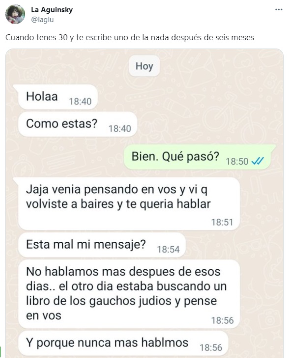 La conversación que publicó la usuaria en la red social (Twitter/@laglu).