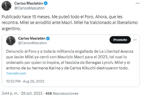 Carlos Maslatón explicó por qué votó por Javier Milei y ya no lo hará en el balotaje (Twitter).