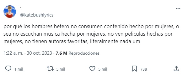 La queja de la usuaria señalando que los 'hombres hetero no consumen contenido hecho por mujeres' (Twitter/@katebushlyrics).