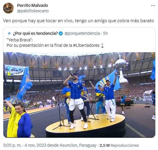 Los mensajes de   <a href='https://www.cronica.com.ar/tags/Pablo Lescano'>Pablo Lescano</a> en contra de Yerba Brava tras la presentación de la banca en el Maracaná (Twitter/@pablitolescano).