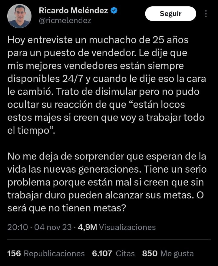 El tweet que se volvió viral por el polémico horario de trabajo que solicitaba este entrevistador. (Fuente: X)