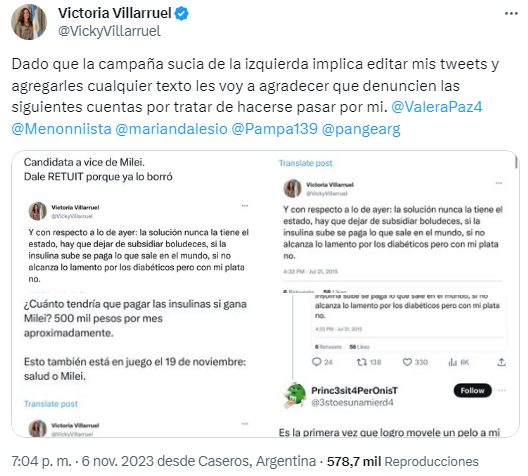 La publicación de la diputada Victoria Villaruel en contra de usuarios de   <a href='https://www.cronica.com.ar/tags/Twitter'>Twitter</a> que revelaron sus polémicos posteos.