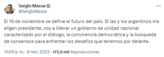 Sergio Massa publicó un extenso hilo en su perfil de X para llamar a un 'gobierno de unidad nacional'.