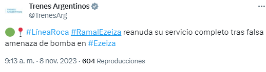 El   <a href='https://www.cronica.com.ar/tags/Tren Roca'>Tren Roca</a> reestableció su recorrido completo tras falsa amenaza de bomba en   <a href='https://www.cronica.com.ar/tags/Ezeiza'>Ezeiza</a>.