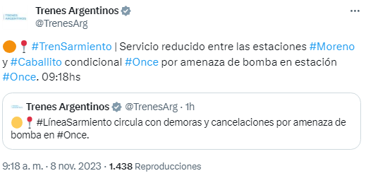 El   <a href='https://www.cronica.com.ar/tags/Tren Sarmiento'>Tren Sarmiento</a> continúa con servicio limitado por amenaza de bomba en   <a href='https://www.cronica.com.ar/tags/Once'>Once</a>.