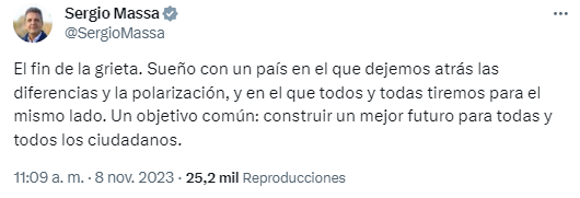 Sergio Massa publicó un extenso hilo en su perfil de X para llamar a un 'gobierno de unidad nacional'.