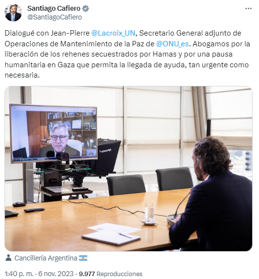 El canciller Santiago Cafiero con el secretario General adjunto de Operaciones de Mantenimiento de la Paz de ONU, Jean-Pierre Lacroix.