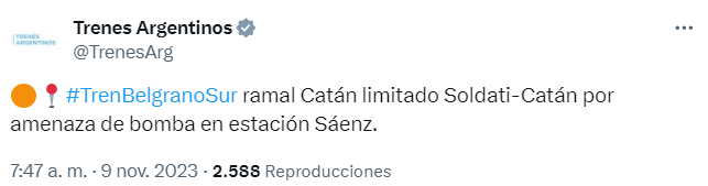 El Tren Belgrano Sur circula limitado por amenaza de bomba en estación Sáenz.