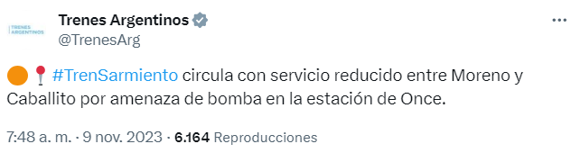   <a href='https://www.cronica.com.ar/tags/Trenes'>Trenes</a> Argentinos informó que la estación Once volvió a recibir a amenazas de bomba esta jornada. 