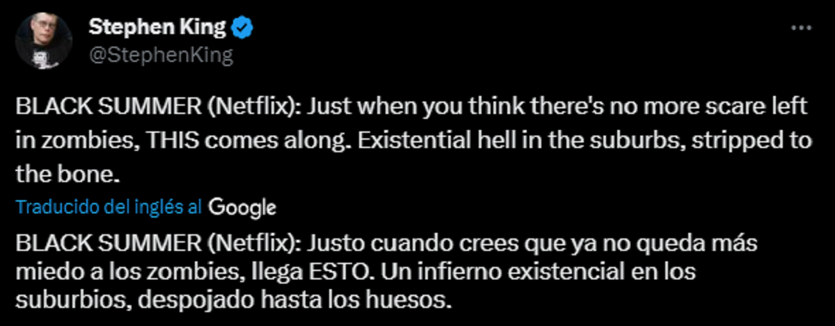 La publicación que realizó Stephen King en su cuenta de X (antes Twitter).