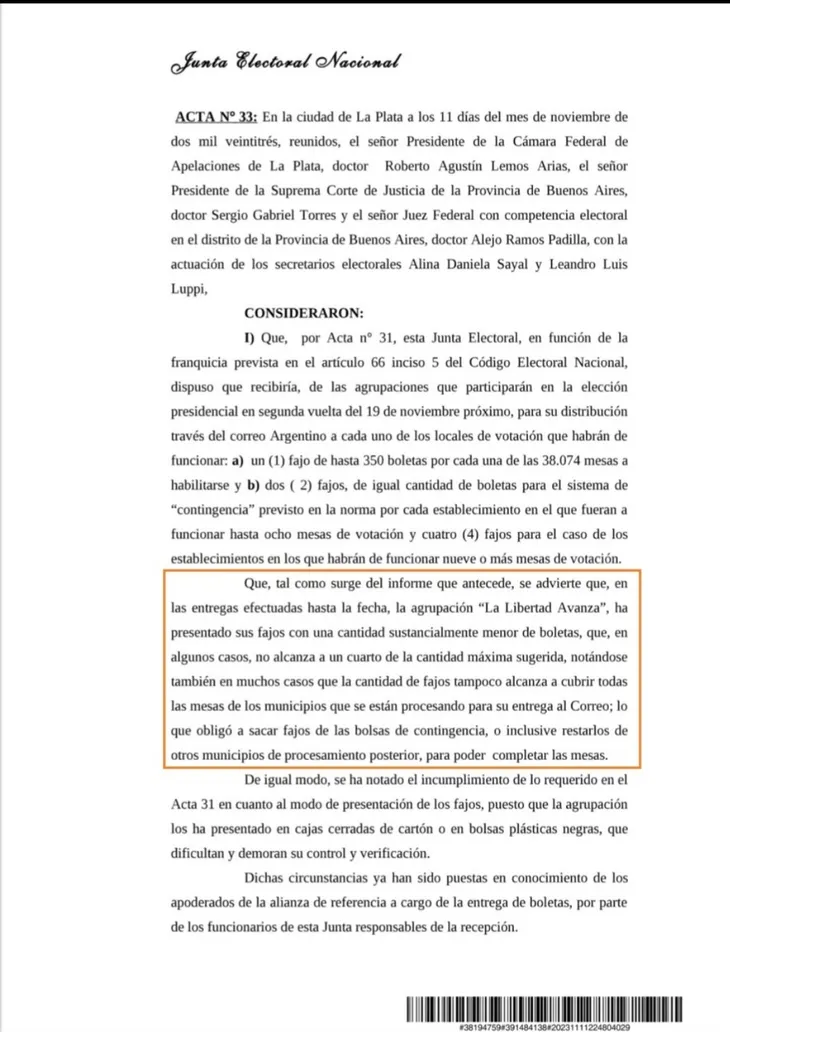 La Junta Electoral Nacional le advirtió a la LLA que no entregó suficientes boletas.