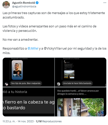 Amenazaron al presidente de la Juventud Radical porteña y culpó a Javier Milei y Victoria Villarruel (Twitter/@agustindrombola).