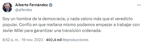 Alberto Fernandez deseó una transición ordenada con Javier Milei (X/@alferdez).