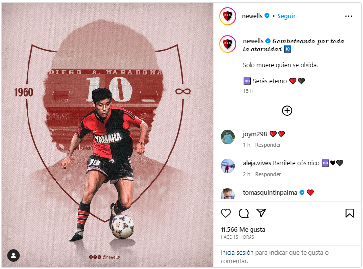 Posteo de Newells para Diego Maradona (Instagram).