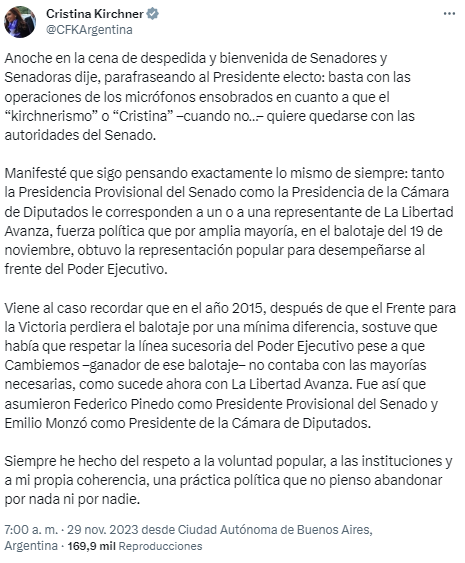 Comunicado de Cristina Fernández de Kirchner sobre autoridades del   <a href='https://www.cronica.com.ar/tags/Senado'>Senado</a> y   <a href='https://www.cronica.com.ar/tags/Diputados'>Diputados</a> (X).