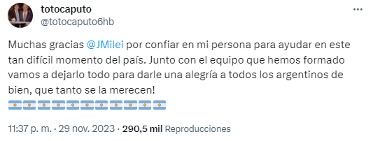 Luis Caputo saludó a Javier Milei por redes sociales.