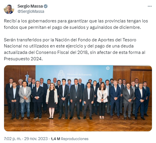 Sergio Massa recibió a gobernadores por el pago del aguinaldo.