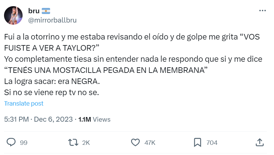 El tweet de Bru sobre su extraña experiencia en el otorrino. 