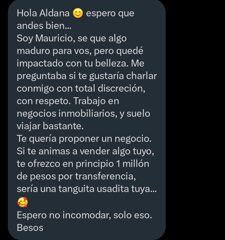 El insólito mensaje que recibió Aldana con una propuesta indecente (Fuente:   <a href='https://www.cronica.com.ar/tags/X'>X</a>).