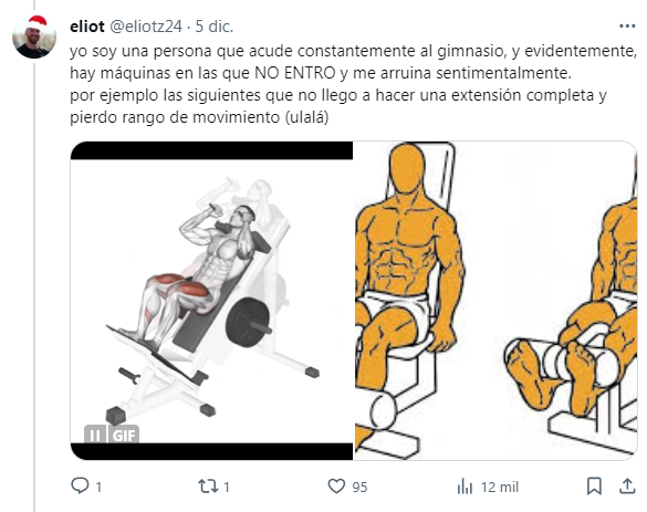 El chico contó que entre las desventajas tiene dificultades para hacer rutinas en el gimnasio (Twitter/@eliotz24).